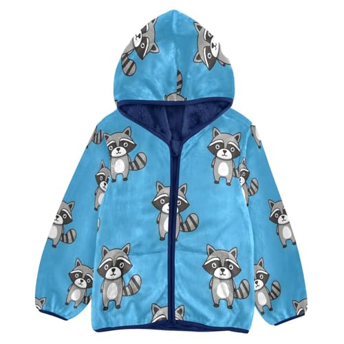 Cute Raccoon Pattern on Blue Toddler Fleece Jacket Girl Boys Hooded Fleece Jacket Coat Warm Outwear Zip-up 3-10T