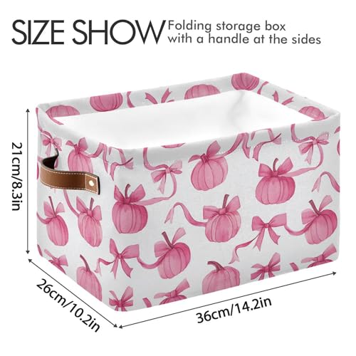 Image of Wamika Pumpkin Bow Pink Storage Basket with Waterproof Liner and PU Handles Fall Storage Bins Boxes 14.2 inch Collapsible Decorative Organizer Baskets for Bedroom Closet Office 2 Pack