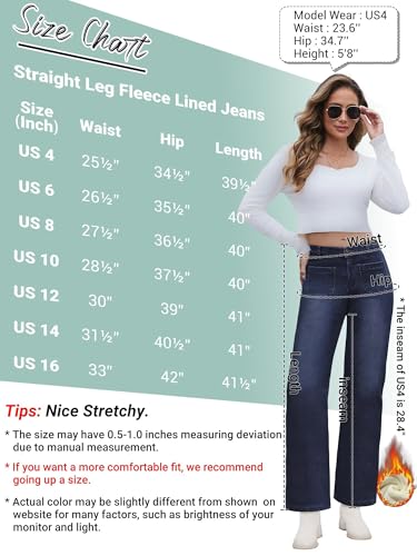 Fleece Lined Jeans Women Straight Leg High Waist Lined Jeans Winter Denim Pants for Women with Patch Pockets3