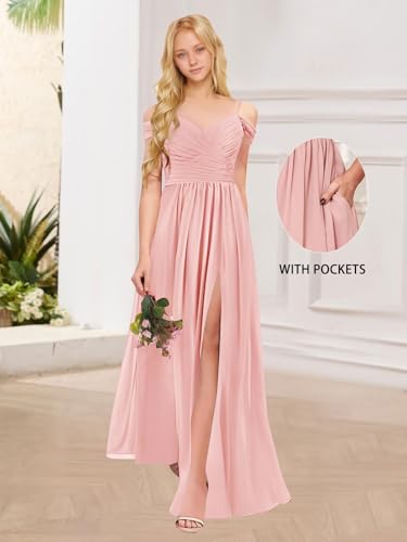 Off Shoulder Junior Bridesmaid Dresses A Line Chiffon Flower Girls Formal Dress with Pockets3