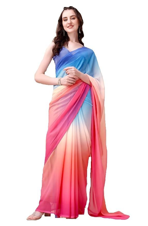 RAJESHWAR FASHION WITH RFWomen's Bollywood Alia bhatt Fancy Multi Colorblock designer Pure Georgette Saree for women With Unstitched Blouse Piece (Rocky Aur Rani Ki Prem Kahani Saree)
