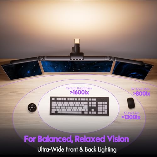 Image of Quntis 32.5 inch Architect Desk Lamps for Office Home Dorm - Eye Care 3 Light Bar 1100LM Bright, Ambient Backlight, Radar Sensor, Remote Control, 2H Timer, Workbench Drafting Reading Video Conference Task