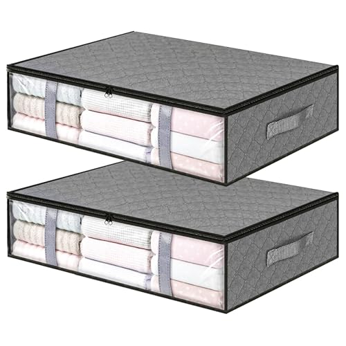 Underbed Storage Bags with Zips, 2 Pack Foldable Large Underbed Storage Organiser Containers, 40 L Window Fabric Clothes Storage Boxs & Reinforced Handle for Blanket Comforter Bedding
