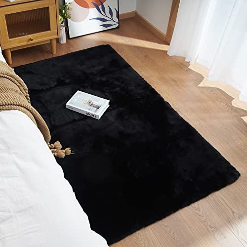 Ghouse Ultra Soft Faux Rabbit Fur Rug, Machine Washable Area Rugs For Bedroom Fluffy Rugs For Living Room, No-Shedding Carpet Sheepskin Rug Black 2 X 6 Feet #TOP1