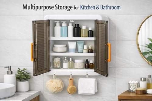 Image of Wall Mounted Self Adhesive Kitchen Storage Cabinet with Magnetic Closure Doors & Hooks | 3 Shelf Plastic Organizer Rack | Multipurpose Spice Rack for Kitchen & Bathroom | White with Brown Doors