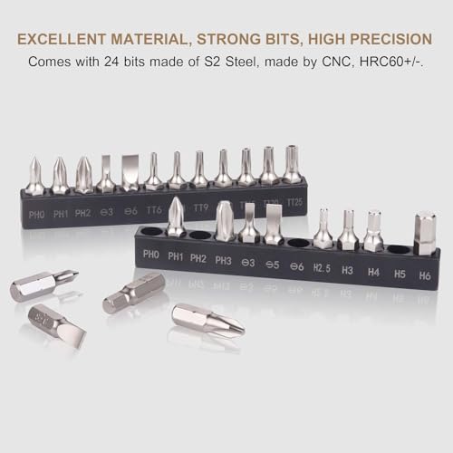 Image of GreaTalent 25in1 S2 Steel Mini Ratchet Wrench Screwdriver Bit Set with 1 /4 inch Hex Shank Phillips /Slotted /Hexagon /Torx Bits, 36-Tooth Gear, Magnetic 90 Degree Right Angle Offset Reversible Drive Handle