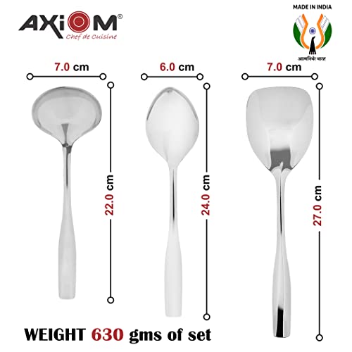 Axiom Serving Tools Stainless Steel 6 Piece Heavy Gauge Non-Stick Set of 2 Soup Ladle (Karchi), 2 Solid Spoon (Chamcha) and 2 Rice Spoon for Serving Soup/Curry/Dal/Rice/Pasta - 27 Cm