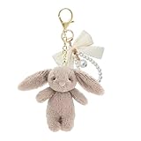 Handytoolinc Plush Bunny Keychain with Bow Pearl Wristlet for Backpack, 3.5' Mini Rabbit Purse Charm Pendant Gift for Women,Light Grey