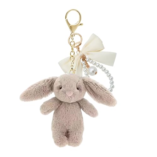 Handytoolinc Plush Bunny Keychain with Bow Pearl Wristlet for Backpack 3.5 Mini Rabbit Purse Charm Pendant Gift for Women Light Grey