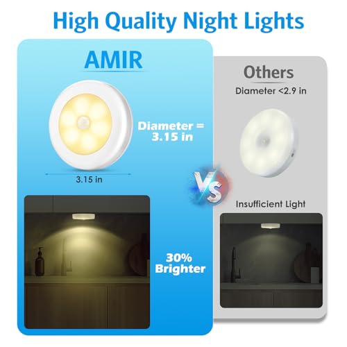 Image of AMIR Upgraded 3.15 inch Motion Sensor Light Indoor, Cordless Battery Powered Stick on LED Night Lights for Closet, Stair, Under Cabinet, Hallway, Kitchen (Warm White - Pack of 6)