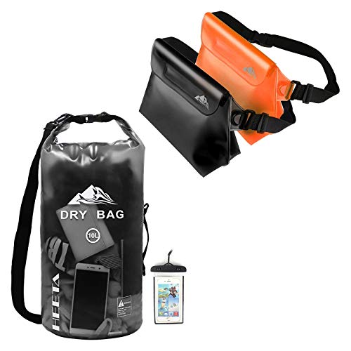 HEETA Waterproof Dry Bag for Women Men Transparent Black 10L Bundle with 2-Pack Waterproof Pouch with Waist Strap