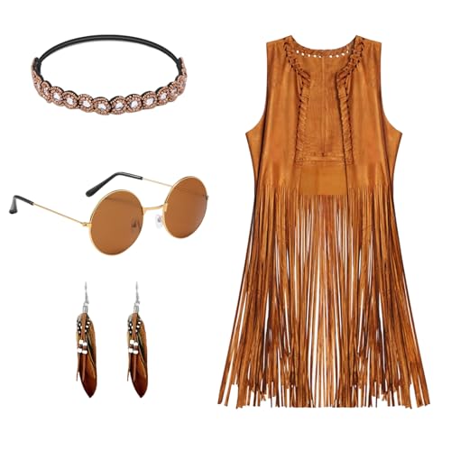 GWAWG Costumes Hippie Tenues pour Femmes,Gilet à Pampilles, Bandeau, Boucles,Lunettes de Soleil,d'oreilles,Deguisement Hippie Femme Accessoires pour Disco de Carnaval...