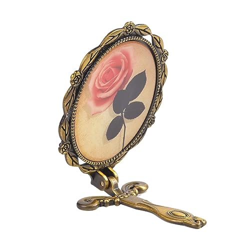 Image of Metal Vintage Round Hand Mirror With Back Side Rose Design, Gold, Pack Of 2