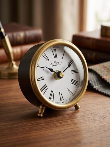 Image of 3 inch Analog Table Clock, Round, Gold and Black Powder Coat Finish, Iron.