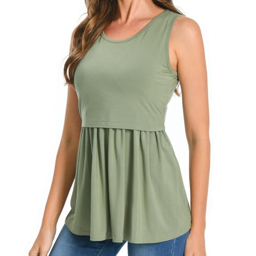 Bearsland Women’s Maternity Nursing Tank Tops Sleeveless Scoop Neck Soft Breastfeeding Shirt, Khaki&Gray Green&Green White Flower,L