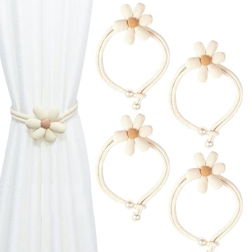 YAXIAO 4 Pezzi Fermatenda Con I Fiori 50cm Fermatende E Raccogli Tenda Fermatende per Tende Embrasse per Tende con Fiori per Soggiorno Ufficio Camera da Letto Casa Cameretta Dei Bambini (Beige)