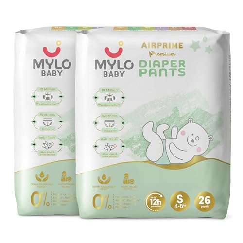 Image of Mylo Baby AirPrime Premium Diaper Pants Small (S) Size (4-8 kgs) (26 Count) Leak Proof | Ultra-Thin & Breathable | Up to 12 Hours Protection | No Rashes (26 Count, Pack of 2)