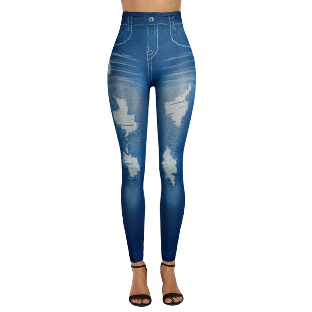 Junhouse Women Ladies Skinny Faux Denim Leggings Jeans Jeggings Fit Classic Stretch Floral Jeans High Waist Pencil Pants Tights Trousers (XL,DMK Blue)