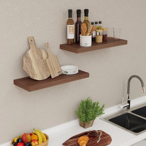 Image of Wooden Floating Wall Shelf| Wall Mount| Wall Rack| Wall Bracket for Home and Office Decor | Big Mounted Cabinets (XX-Large (24x8 inches), Set of 3, Walnut Finish)