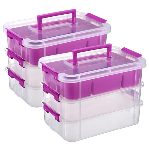 JUXYES 2Pack 3-Tiers Stack Carry Storage Box With Divided Tray, Transparent Stackable Storage Bin With Handle Lid Latching Storage Container for School & Office Supplies, Purple