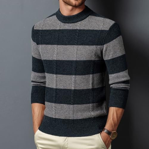 Men's Long-Sleeved 100% Wool Fisherman Knit Round-Neck Striped Warm Sweater3
