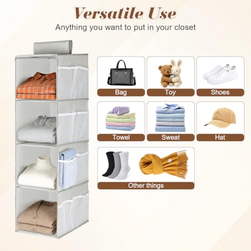 AOOWU Hängeorganizer, Kleiderschrank Organizer Hängend mit 4 Fächern, Hängeregal, Hängeaufbewahrung mit 8 Seitentaschen, Ordnungssystem Kleiderschrank,Tür-Organizer Faltbar und mit Klettverschluss