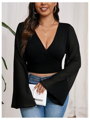 MakeMeChic Women's Plus Size Crop Top Bell Sleeve Tops V Neck Wrap Blouse Party T Shirts3