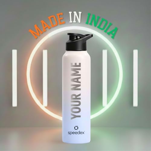 Image of Speedex Engraved Name Stainless Steel Sipper Water Bottle 1 Ltr - Customised Personalised Bottle for Kids & Adults, School, Gym, Sports, Black, Set of 1 (Pink Blue, Set Of 1)