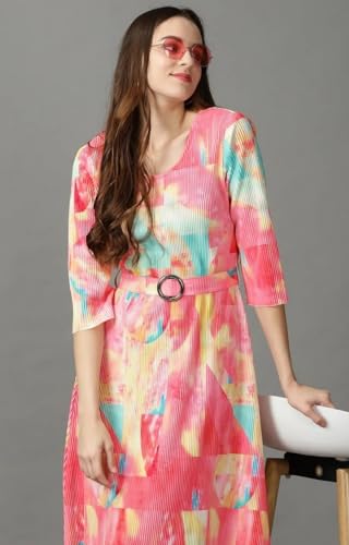Image of SHOWOFFFF Women Colourblocked Fit and Flare Casual Dress | Round Neck 3 /4th Sleeves Cotton Dress for Womens | Midi Dress for Women's