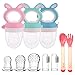3pcs Ciucci per Frutta per Neonati Alimentatore per Frutta Anti-Soffocamento Senza BPA per Neonati + 3 Capezzoli in Silicone in 3 Misure + 2 Spazzole per Dita del Bambino (3pcs Blu+Rosa+Verde)