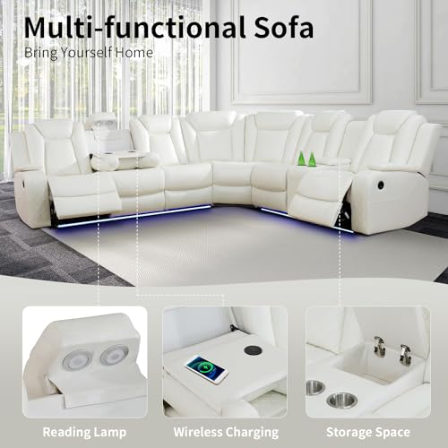 Caberryne Power Recliner Sofa Sectional Couch with LED Light for Living Room,Leather Reclining Corner Sectional Sofa with 3 Recliner Seats,Cup Holder,Storage Console for House/Home Theater, Creamy