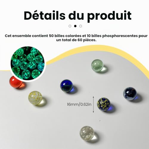 daqoupzi Lot de 60 billes en verre (16 mm x 50 – Petites billes colorées avec motifs + 16 mm x 10 billes pailletées), sac de rangement pour boules en verre, mélange de billes colorées pour jeu de – vue 2