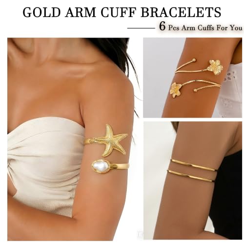 17KM 6PCS Gold Arm Cuff Bracelets for Women Boho Statement Gold Upper Arm Bangle Band Arml - image 3