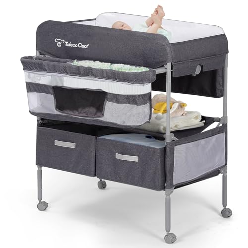 Image of Baby Changing Table, Portable Changing Table with 2 Storage Baskets, Adjustable Heights, Foldable Changing Table Dresser with Soft Waterproof Changing Station for Newborns & Infant
