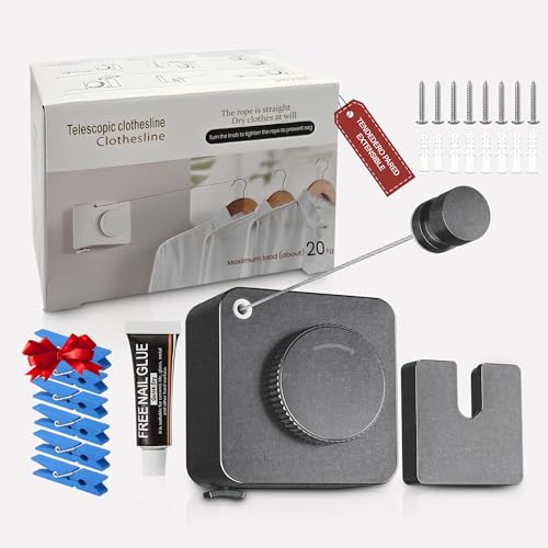 SABN STORE Pack Tendedero Extensible Pared Exterior, Incluye Kit Instalación Sin Taladro o Con Tornillos para Baño/Balcón + Kit Pladur y Set 10 Pinzas - Tendedero Pared Exterior - Tenderete Extensible