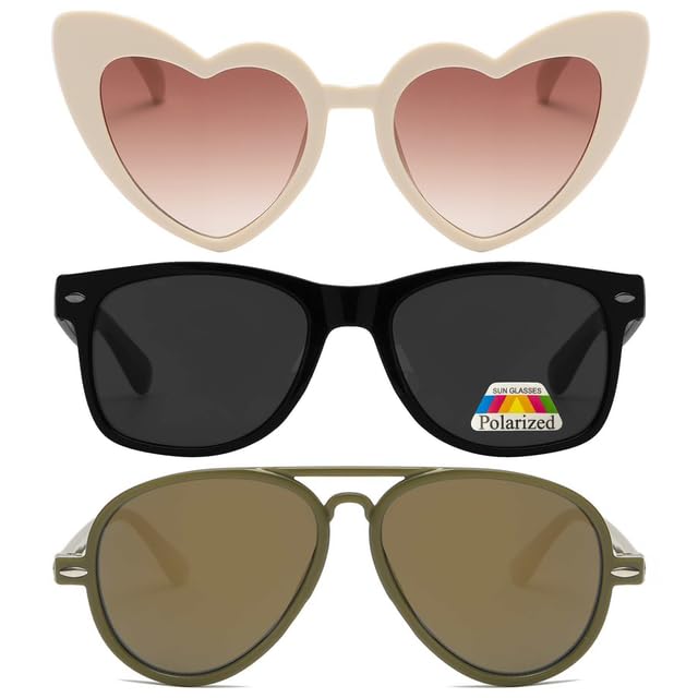 OWL Kid's Assorted 3 Pack Sunglasses – UV Protection Heart, Polarized Retro, Stylish Aviator Sunglasses for Boys and Girls