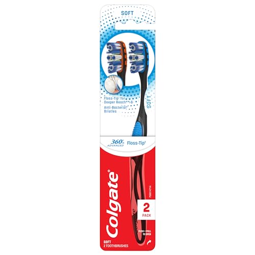 Colgate 360° Advanced Floss-Tip Soft Bristles Toothbrush for Adults, 2 Pack