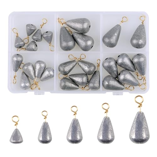 Twist-On Copper-Cored Lead Fishing Weights Sinkers Kit – 25PCS Drop Shot & Bass Casting Sinkers with Swivel for No Snag in Saltwater & Freshwater, High-Density for Bass, Catfish & Rock Fishing