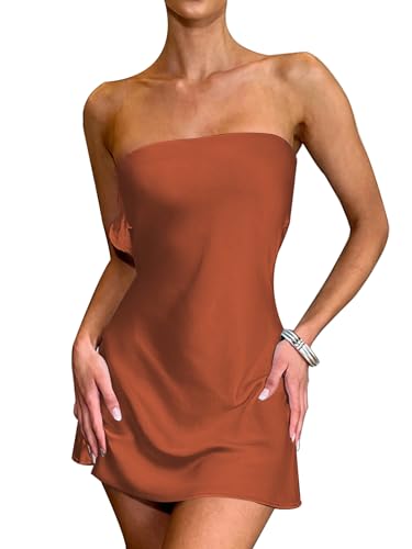 Photo 1 of LYANER Women's Satin Silk Hollow Out Back Strapless Tube Bodycon Club Mini Dress Large Brown