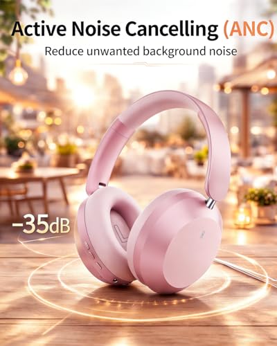 Image of Wentronic Y05 Bluetooth Over-Ear Headphones with Active Noise Cancelling, Hi-Res Audio, 48H Playtime, Built-in Mic, Wired /Wireless, Works with iOS, Android & PC, Pink