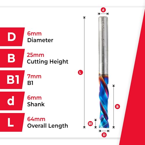 Image of Amana Tool Spektra Extreme Tool Life Coated Solid Carbide CNC Compression Spiral Router Bit, 46175-K, 6mm D x 25mm CH x 6mm Shank x 64mm Long 2 Flute
