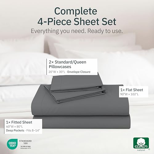 Image of Super Soft 100% Cotton Queen Size Sheet Set, 4 Pc Set, Grey | Lightweight & Breathable For Hot Sleepers, 14 inch Deep Pocket, All-Around Elastic, Durable, Easy Care, OekoTex Certified