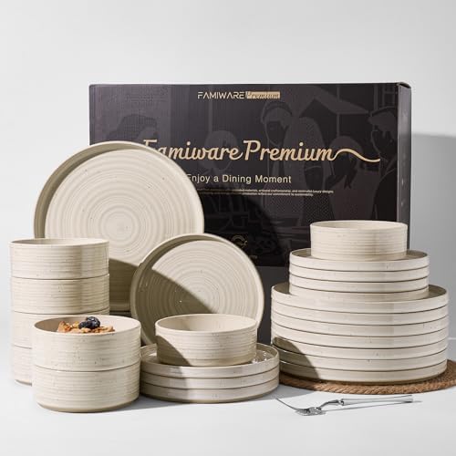 24-Piece Stoneware Dinnerware Set – High Edge Plates and Bowls wi...