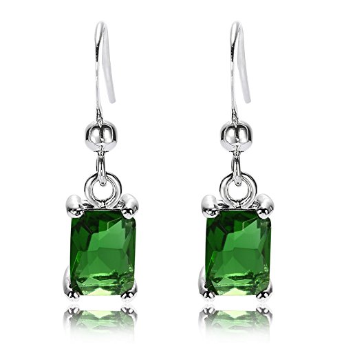 [RIZILIA] Dangle Pierced Earrings with Emerald Cut Gemstones CZ [Green Emerald] in 18K White Gold Plated, Simple Modern Elegance