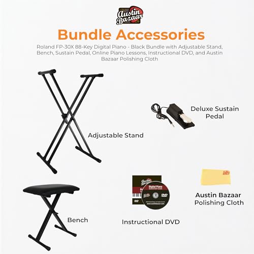 roland fp-30x 88-key digital piano - black bundle with adjustable stand bench sustain pedal online piano lessons instructional dvd and austin bazaar polishing cloth