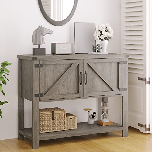 Farmhouse Buffets & Sideboards, Kitchen Buffet Storage Cabinet Accent Coffee Bar Cabinet, Rustic Sideboard with 2 Doors and Storage Shelf, Buffet Tables for Dining Room, Living Room, Entryway, Grey