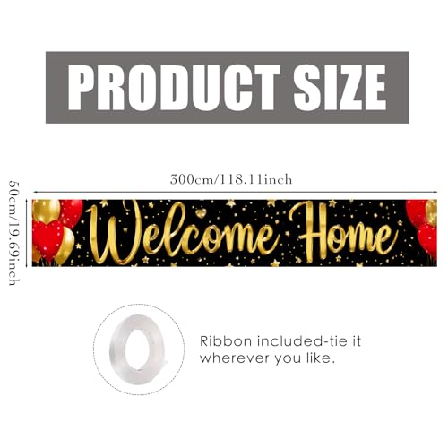Image of Nuxovilar Welcome Home Banner 118.1x19.6 Inches Polyester | Homecoming Decor Welcome Backdrop gold balloon banner family photo sign hallway patio porch (Gold Red)