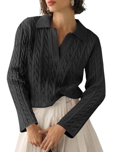 Imily Bela Jersey de manga corta de punto para mujer, elegante camiseta de verano con cuello en V, suéter de punto de cable, top de punto elegante, M