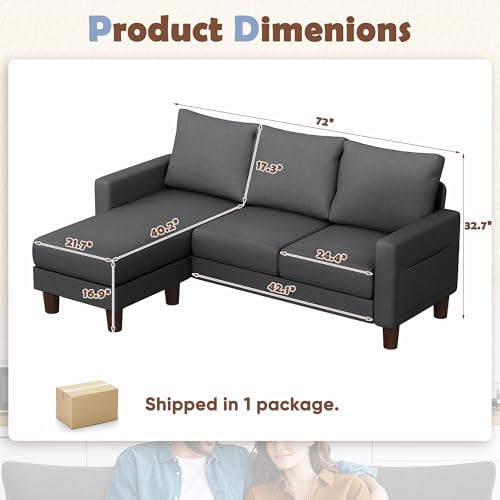 JUMMICO Couch for Small Living Room, 72" Small Sofa with Reversible Ottoman, 3 Seat L-Shaped Sofas, Comfy Couches for Apartment (Linen Fabric, Dark Grey)