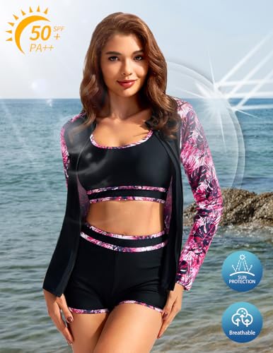 Kate Kasin Women's 3 Piece Rash Guard Long Sleeve Swimsuits Zip Up UPF 50+ Built in Bra Swim Shirts with Boyshorts Quick Dry2